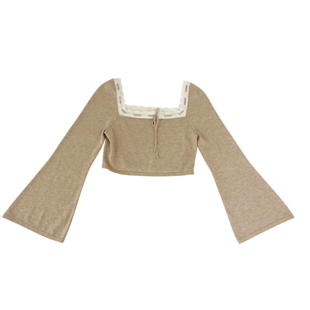Dee Elly Tan Knit Crop Top Bell Sleeve Square Neck Scallop Boho Cottage Size XL